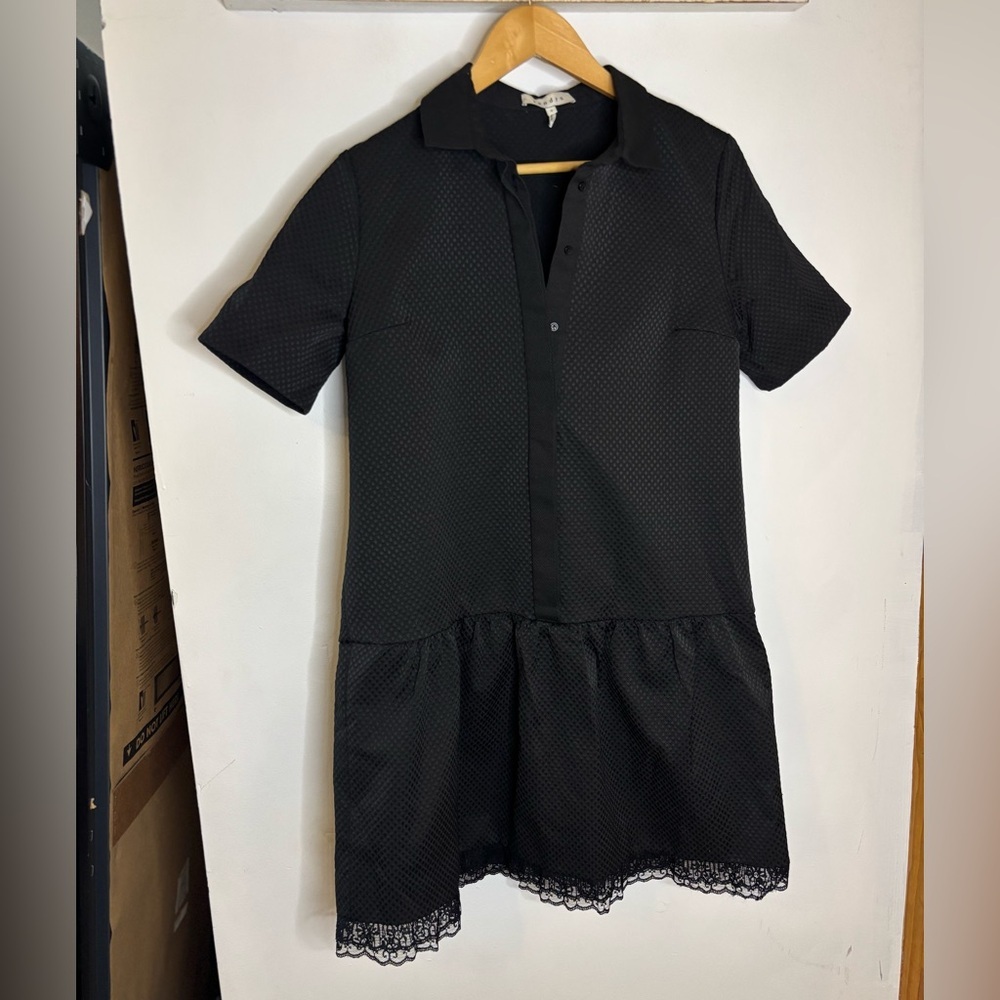 Sandro Paris Black Textured Drop Waist Shirt Dress Lace Hem - Picture 2 of 10
